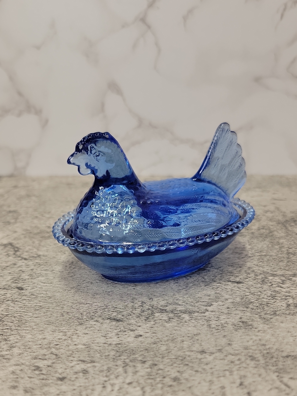 Blue Hand-Sculpted Mold, Glass Hen On Nest Covered Dish UV REACTIVE